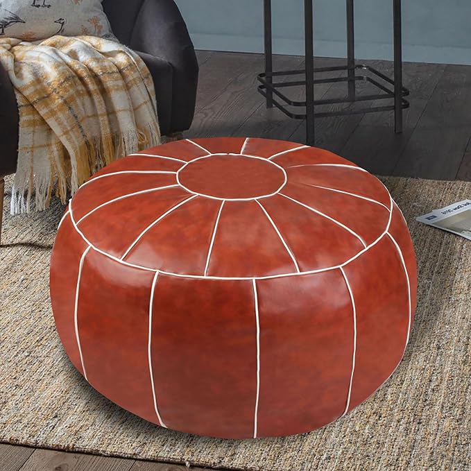 Decorative Pouf Foot Stool Round Unstuffed Leather Ottoman Cushion Storage seat or for Resting Your Feet on, Floor Chair Foot Living Room Bedroom Kids Room and Wedding (Rust)