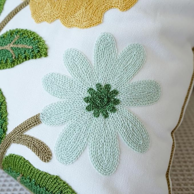 vctops Floral Embroidered Pillow Covers 18x18 Inch Spring Summer Cotton Tufted Throw Pillow Cover Outdoor Garden Cushion Case for Sofa, Bed, Living Room (Flower F,18"x18")