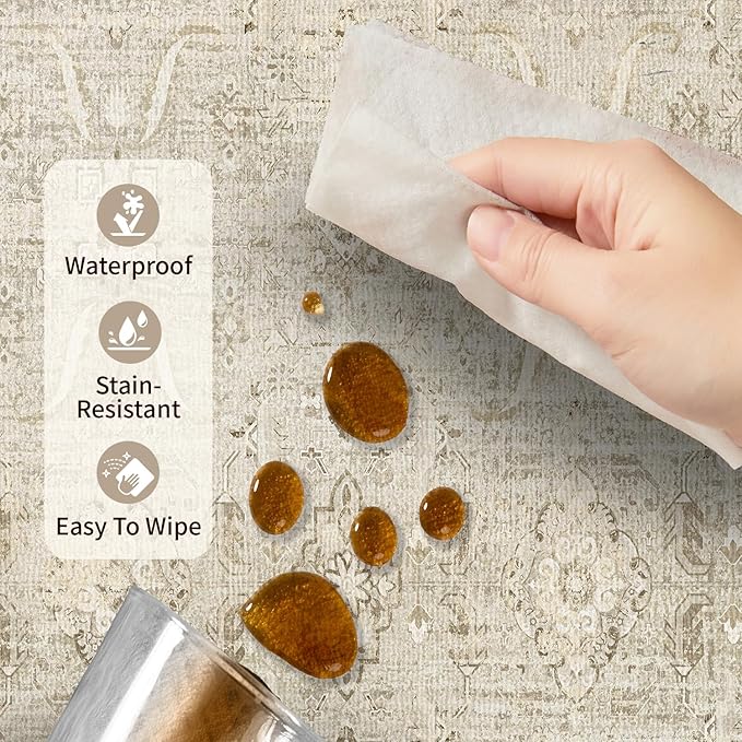 9x12 Area Rugs for Living Room Bedroom, Large Washable Rug, Beige Vintage Retro Boho Rug, Non Slip & Low Pile Faux Wool Carpet for Indoor Dining Room and Kids Room(Beige 9x12ft)