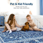 Lessymo Area Rugs 9x12 Living Room- Large Area Rug Machine Washable Area Rug for Bedroom Living Room, Vintage Rugs Boho Floral Medallion, Non-Slip Rubber, Low Pile, Kid & Pet Friendly, Blue White