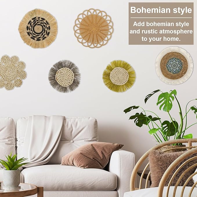7Pack Boho Wall Basket Set Hanging Woven Wall Basket Decor Rattan Flat Round Wicker Wall Art Set Round Wall Art for Living Room Kitchen Office Bathroom Dining Room (Style 5)