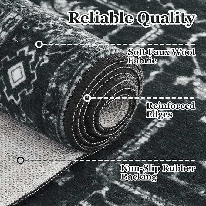 Distressed Black Rugs for Living Room 6x9, Low Pile Thin Area Rugs for Bedroom Manchine Washable Non Slip, Dark Medallion Pinted Carpet for Dining Room Guest Room Home Office