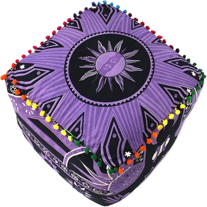 CRAFT KALA Large Hippie Mandala Meditation Floor Ottoman Pillow Cushion Pouf Cover Square Poufs Cover Bohemian Circle Floor Cushion Cover Outdoor Living Room Decor 20X20X14 inches, Purple Burning Sun