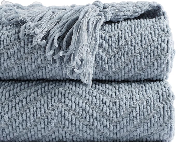 BATTILO HOME Bluish Grey Chenille Throw Blanket for Couch, Knit Throw Blanket,Super Soft Warm Home Decor Throw Blanket with Tassels for Bed,Sofa and Living Room,60" x 80"