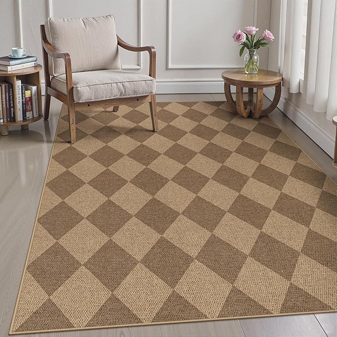 Lanffia Checkered Easy Jute Outdoor Rug, 5x7 Washable Rugs for Dining Room, Nature Non Slip Geometric Carpet for Living Room, Farmhouse Indoor Outdoor Rug for Home Office Backyard Patio