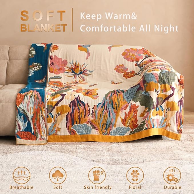 Boho Throw Blanket - 100% Cotton Soft Throw Blanket for Bed, 60"x80" Reversible Breathable Lightweight Spring Blankets, All Seasons Farmhouse Decor Floral Plant Butterfly Throw Quilt