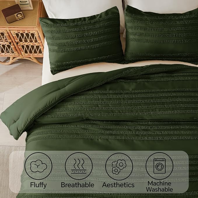 BEDELITE Boho Comforter Set Queen Size, Olive Green Tufted Striped Bed Set 3 Pieces, Soft Vintage Farmhouse Comforter for All Seasons, Boho Home Decor,Fluffy Jacquard Bedding with 2 Pillow Shams