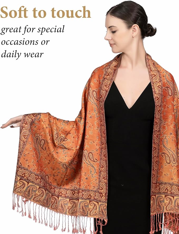 Achillea Reversible Paisley Pashmina Rave Scarf – Exotic Indian Shawls and Wraps for Evening Dresses, Festivals, All Seasons