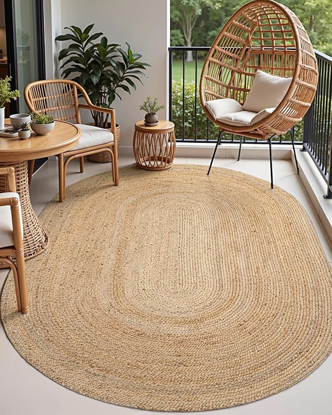 DEXI Jute Area Rug Natural Fiber 5x8 Oval, Woven Braided Durable Farmhouse Design Rugs for Living Room, Bedroom Dinning Room Office Outdoor Patio, Natural
