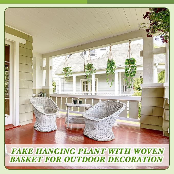 6 Set Mini Fake Hanging Plants with Woven Basket Boho Artificial Ivy Faux Vines Eucalyptus Leaf for Indoor Home Wall Living Room Bathroom Shelf Decor (Round Radish Leaf)