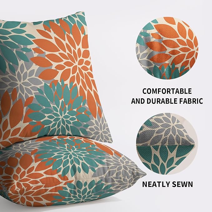 Teal Orange Gray Grey Pillow Covers 24X24 Inch Set of 2, Modern Dahlia Floral Print Decorative Throw Pillow Covers Outdoor Farmhouse Cushion Case for Home Couch Sofa Bed Decoration
