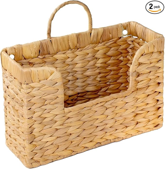 Set of 2 Magazine Holder Wall Basket Water Hyacinth Woven Mail Organizer, Wicker Wall Hanging Baskets for Magazines, Letters & Storage Decorative Mail Holder, Magazine Rack, 11.8x4.3x7.9 Inch