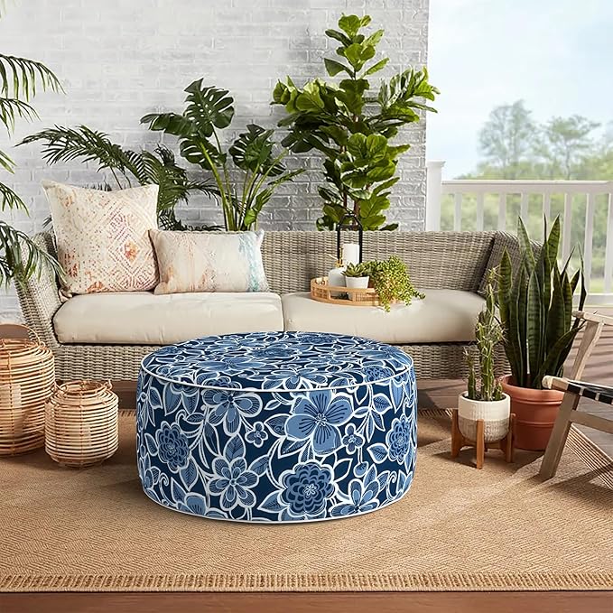 Indoor/Outdoor Inflatable Ottoman, All Weather Ottoman Pouf D31 x H14 inch, Round Foot Rest Ottomans, Portable Footstool for Patio, Garden, Porch, Home,Flower Navy