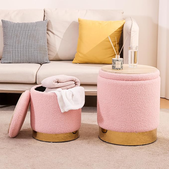 Sherpa Round Ottoman Set of 2 with Storage, 12 Gallon Hidden Storage Ottoman, Multi-Functional Footrest Stool, Vanity Seat, Coffee Table, No Assembly Required, Holds 300lbs (Teddy Pink)