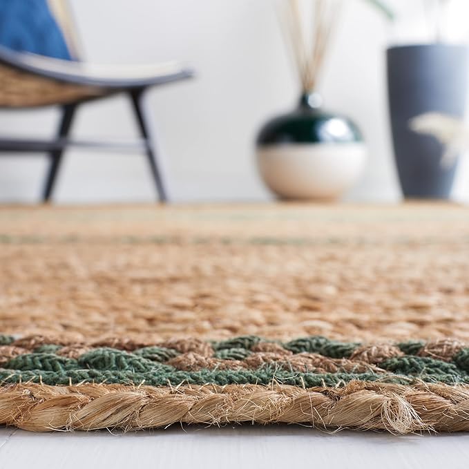 SAFAVIEH Natural Fiber Collection Area Rug - 6' Square, Natural & Green, Handmade Stripe Boho Farmhouse Rustic Braided Jute, Ideal for High Traffic Areas in Living Room, Bedroom (NFB262Y)