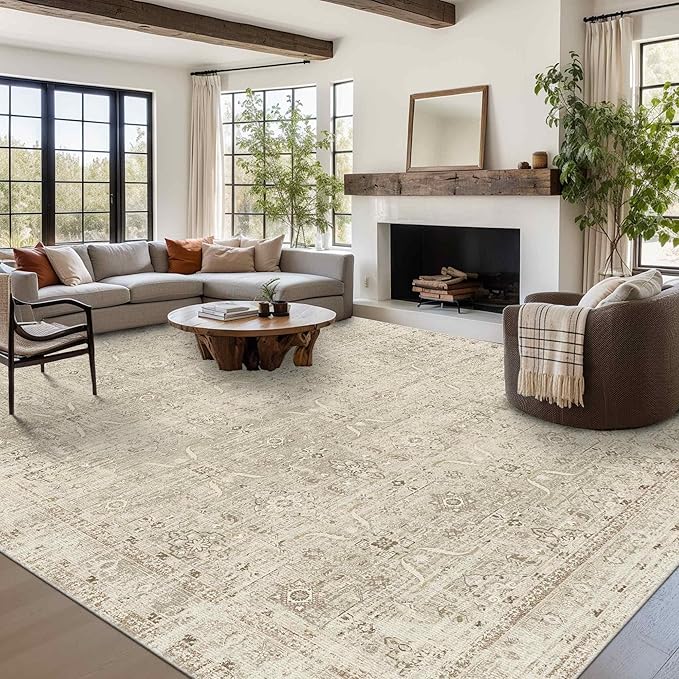 9x12 Area Rugs for Living Room Bedroom, Large Washable Rug, Beige Vintage Retro Boho Rug, Non Slip & Low Pile Faux Wool Carpet for Indoor Dining Room and Kids Room(Beige 9x12ft)