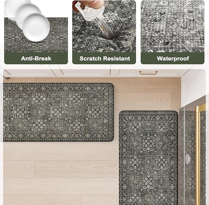 KIMODE Anti Fatigue Kitchen Mat 2PCS,Waterproof Farmhouse Green Kitchen Rugs Non-Slip,Vintage Kitchen Mats for Floor,Cushioned Comfort Standing Mat for Laundry,Office,Sink,Desk,17"x47"+17"x29"