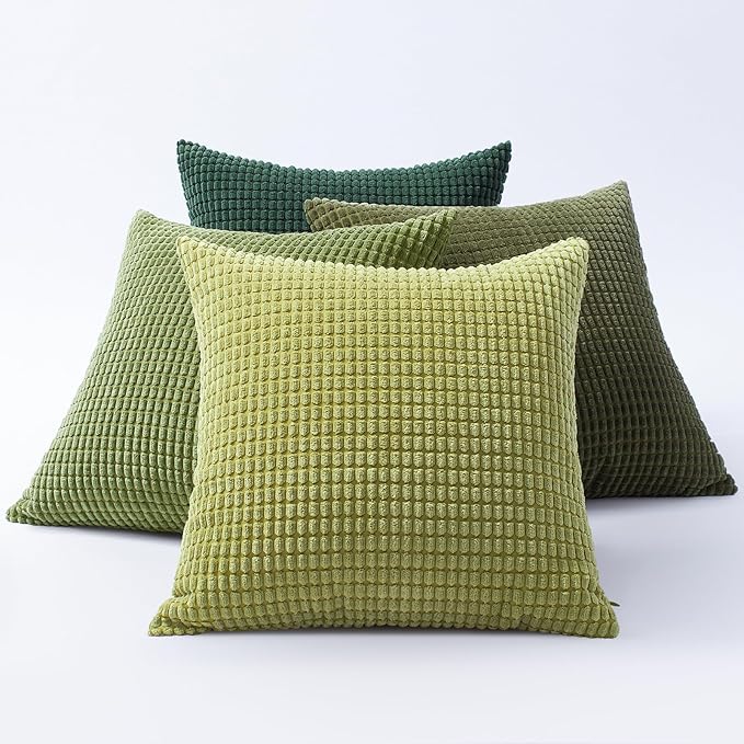 Softalker Throw Pillow Covers 20x20 Inch, Set of 4, Soft Corduroy Boho Stripe Decorative Pillow Cover, Couch Fluffy Pillow Cover for Farmhouse Home Decor Bed Living Room, Green