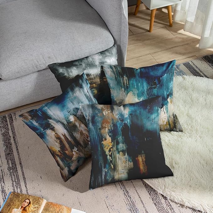 Emvency Set of 4 Throw Pillow Covers Modern Abstract Messy Teal Turquoise Black and Brown Retro Painting Decorative Pillow Cases Home Decor Standard Square 18x18 Inches Pillowcases