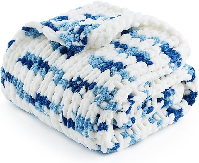 Amélie Home Chunky Knit Throw Blanket for Couch, Soft Chenille Crochet Blanket for Sofa, 50"x60", Space-Dyed Blue Striped