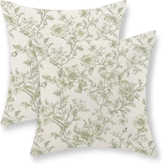 Sage Green Pillow Covers 16x16 Set of 2 Light Green Floral Chinoiserie Throw Pillows Vintage Rustic Toile Flower Decorative Pillow Cases Outdoor Chinoiserie Decor Cushion Case for Couch Sofa