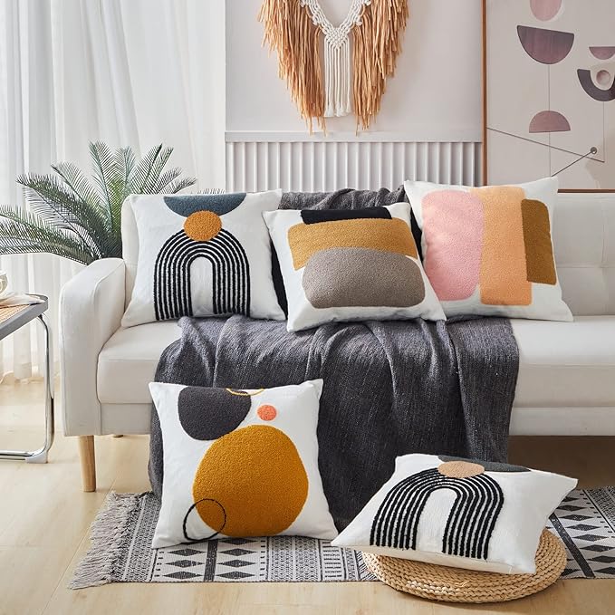 Modern Tufted Chic Pillowcase,Simple Soft Aesthetic Boho Throw Pillow Covers 18x18,Colorful Bohemian Embroidered Sham for Indoor Bed Home Living Room-1 Pcs(Pink Brown Peach)