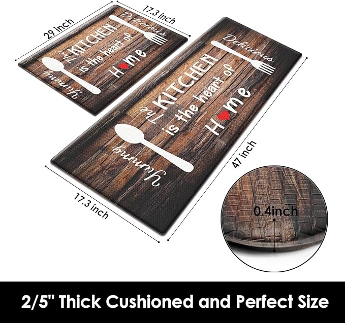 Arttown Brown Farmhouse Anti-Fatigue Kitchen Rug Set of 2 Knife Fork Home Wooden Vintage Cushioned Floor Standing Mat Waterproof Non-Slip Kitchen Mat and PVC Ergonomic Comfort Foam Rug