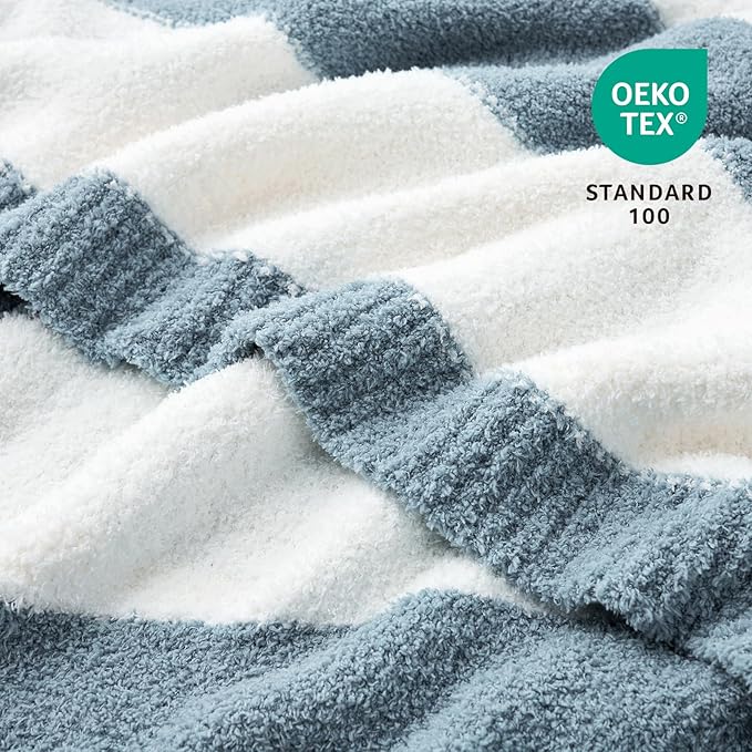 Snuggle Sac Blue Striped Throw Blanket, 50x60 Soft Reversible Fuzzy Knit Throw for Couch, Sofa, Bed, Travel, Cozy Plush Microfiber Blanket for Women & Gift Giving