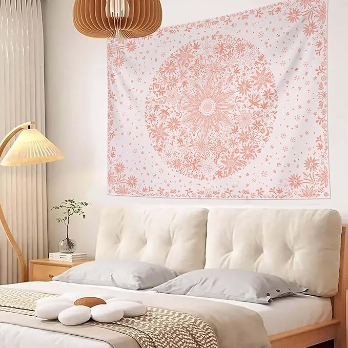 Neasow Bohemian Tapestry Wall Hanging, Pink Floral Tapestry with Dotted Daisy Medallion Print Bedroom Boho Hippie Home Decor, 36x48 inches