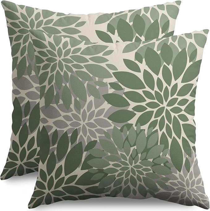 Sage Green Flower Pillow Covers 24X24 Inch Set of 2, Grey Gray Dahlia Floral Spring Summer Cream Decorative Throw Pillow Covers Outdoor Modern Farmhouse Cushion Case for Home Couch Sofa Bed Decor