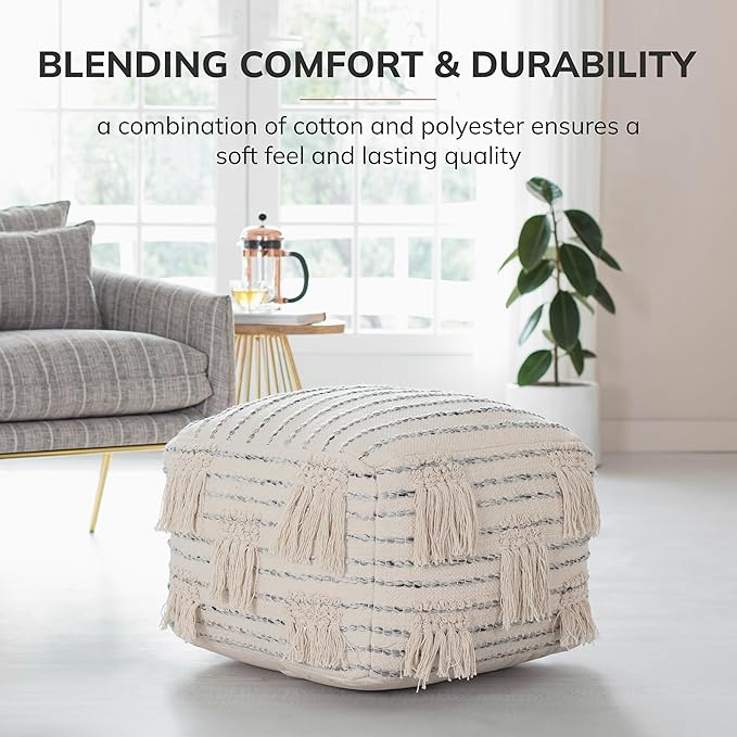 Anji Mountain Pouf Ottoman Foot Rest, Handmade Ottoman Pouf, Comfortable Foot Stool, Decorative Floor Seating for Living Room Decor, Bedroom & Home Décor Accent - Sterling Fringe