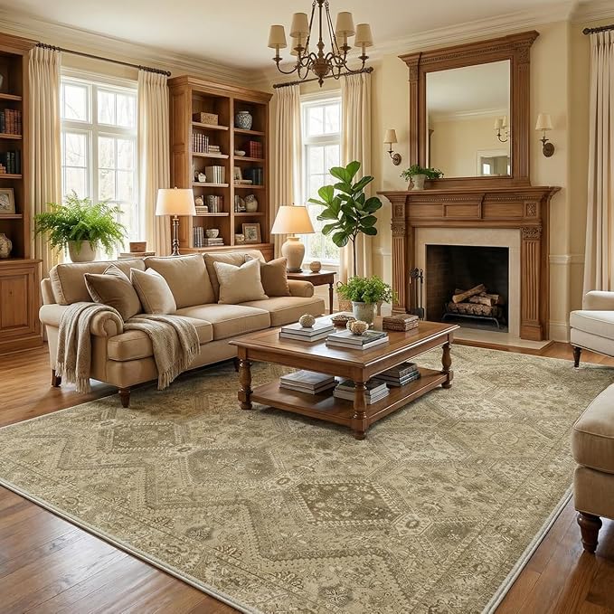 GENIMO 9x12 Area Rugs for Living Room, Machine Washable Non Slip Vintage Rugs, Low Pile Lightweight Print Rug for Bedroom, Dining Room, Home Office, Tan Brown