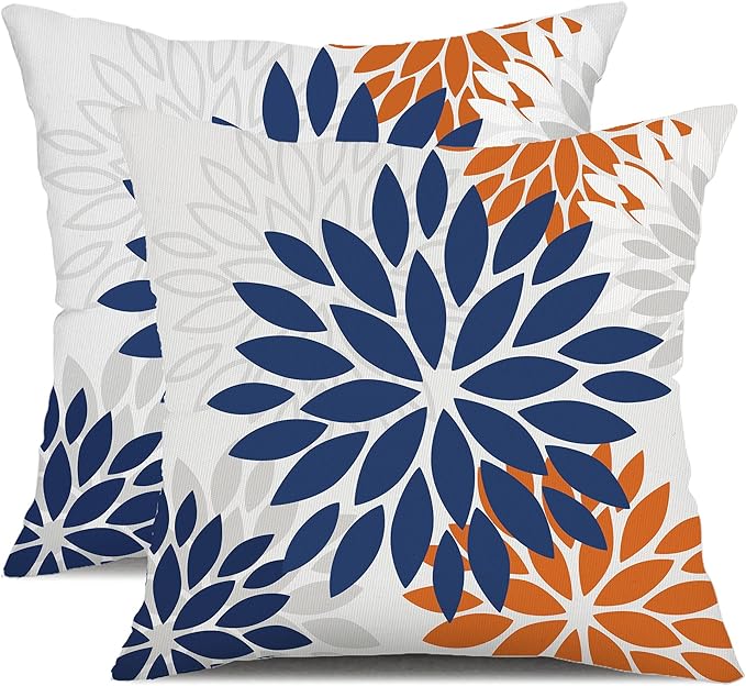 DFXSZ Blue Orange Outdoor Flower Pillow Covers 20x20 Inch Set of 2 White Colored Throw Pillows Outdoor Waterproof Decor for Living Room Sofa Patio Funiture Garden Floral Polyester pillow covers 002C20