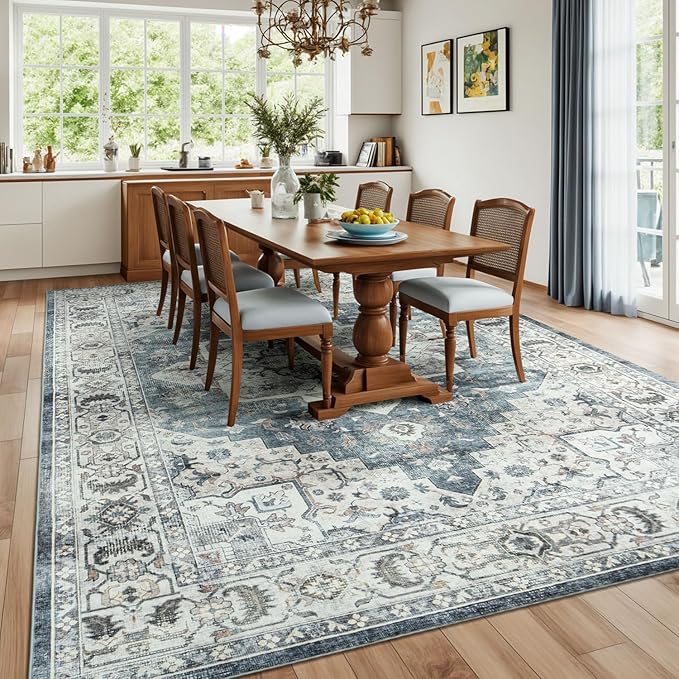 Lessymo Large Area Rugs 9x12 for Living Room, Soft Washable Rug for Bedroom Dining Room Nursery Room Farmhouse, Boho Non Slip Low Plie Carpet Vintage Floral Design, Blue Grey/Beige