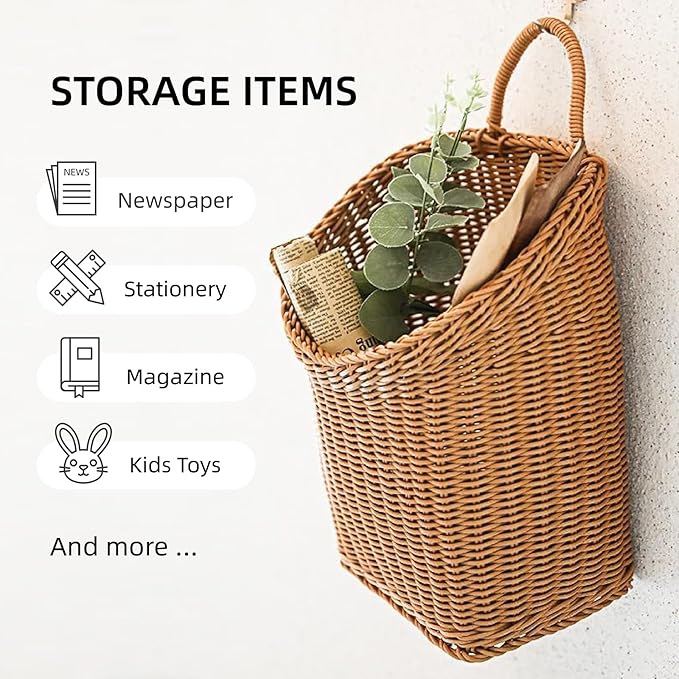 Woven Hanging Wicker Basket for Door, Handmade Rattan Hanging Wall Baskets for Garden Farmhouse Home