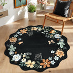 Lahome Floral Round Area Rugs, Washable Small Round Rug 3ft Non-Slip, Soft Boho Ultra-Thin Circle Carpet for Bedroom Entryway Kitchen Laundry Bathroom Flore, Black/Grey