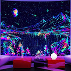 Zussun Blacklight Mountain Tapestry Starry Night Tapestries for Bedroom Aesthetic Moon and Stars Tapastry Wall Hanging Glow in The Dark Nature Forest Wall Tapestry for Living Room Dorm (48'' × 36'')