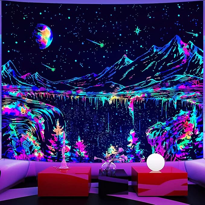 Zussun Blacklight Mountain Tapestry Starry Night Tapestries for Bedroom Aesthetic Moon and Stars Tapastry Wall Hanging Glow in The Dark Nature Forest Wall Tapestry for Living Room Dorm (48'' × 36'')