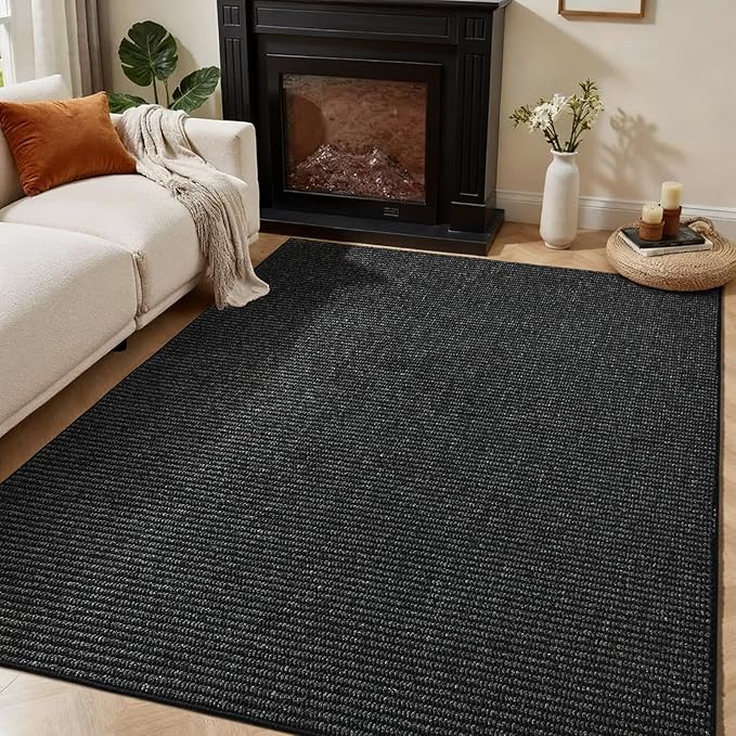 Softlife 5x7 Rugs for Living Room Faux Jute Area Rug Washable Modern Bedroom Rugs Large Non-Slip Farmhouse Floor Carpet for Dining Room Hallway Office Kitchen Entryway, Black