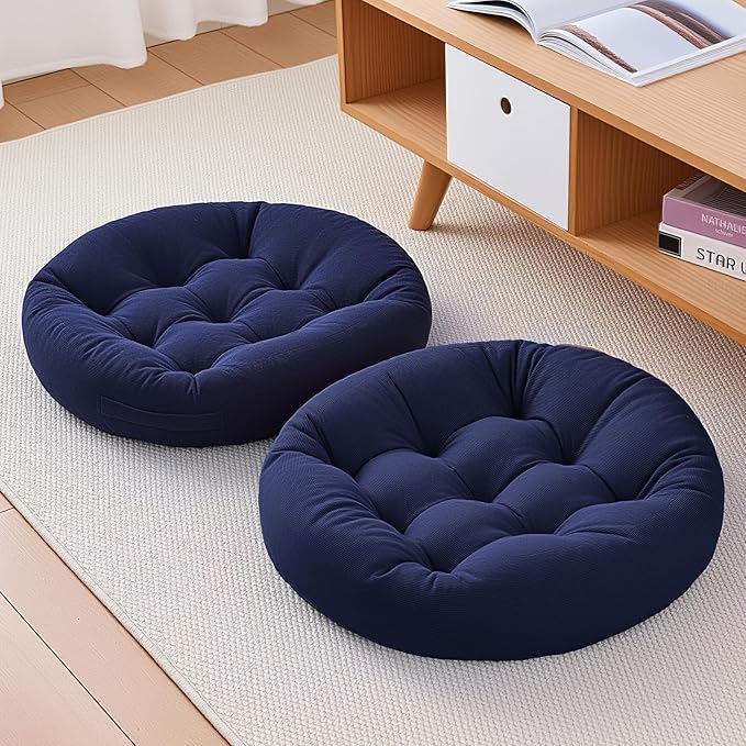 4Pcs Floor Pillows for Adults, 22x22 Inch Meditation Cushions, Large Round Sitting Cushion Living Room Memory Foam Pillow for Sitting (4, Navy, 22x22x4 Inch)