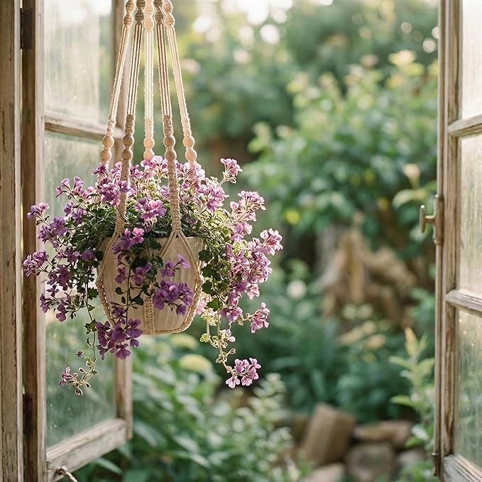 Macrame Plant Hanger 35", Set of 2 No Tassel Hanging Plant Holder, Sturdy Flower Pot Holder with 4 Hooks - Ivory