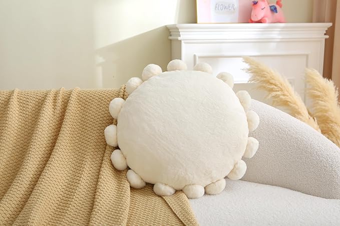 Round Pom Pom Floor Cushion–Soft Faux Rabbit Fur Floor Pillow for Adults & Kids,16" Plush Decorative Cushion Boho Throw Pillows for Living Room,Bedroom, or Bay Window–Ivory