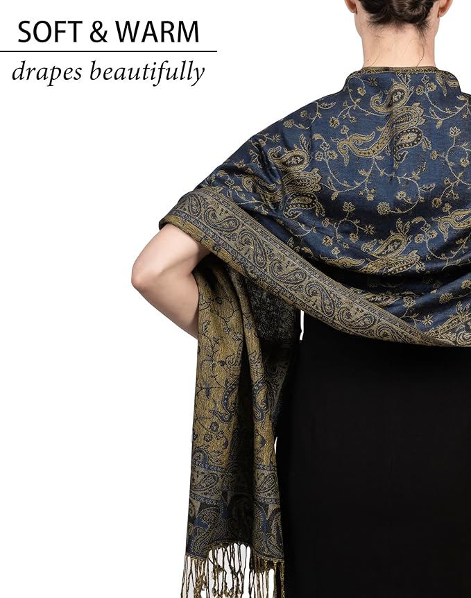 Achillea Reversible Paisley Pashmina Rave Scarf – Exotic Indian Shawls and Wraps for Evening Dresses, Festivals, All Seasons