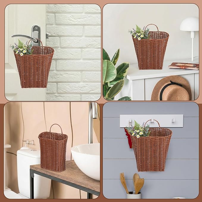 2 Pack PE Rattan Hanging Wall Basket Wicker Hanging Basket for Front Door Mail Flowers Books Accessories Organizing Boho Rustic Farmhouse Wall Decor (Oval Opening)