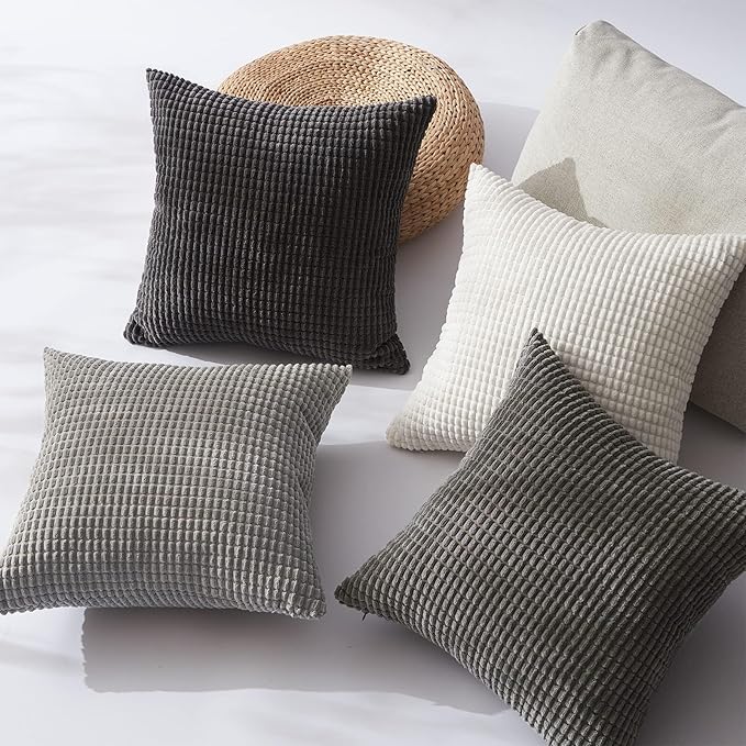 Topfinel 4 Packs Grey Decorative Throw Pillow Covers 22x22 Inch for Living Room Couch Bed Sofa, Boho Western Farmhouse Home Decor, Square Soft Moss Corduroy Fall Cushion Case 55x55 cm