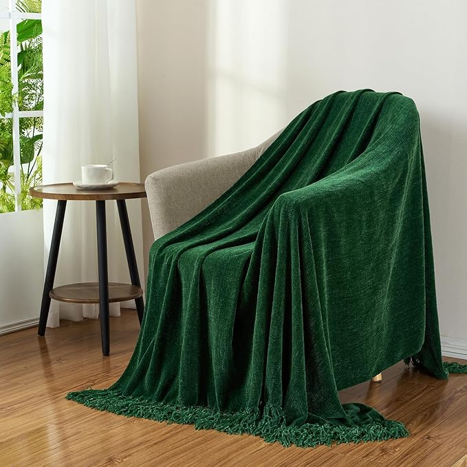 Chenille Throw Blanket for Couch with Tassels,50"X60" Soft Cozy Lightweight Knitted Boho Decorative Blankets for Bed and Sofa,Dark Green