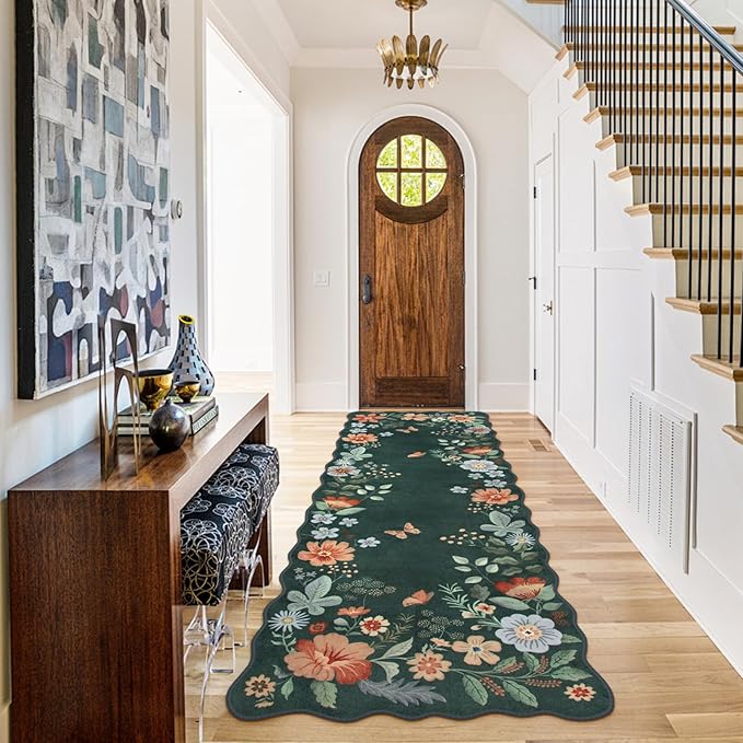 Lahome Floral Hallway Runner, 2X6 Washable Runner Rug Non-Slip, Ultra-Thin Soft Stain Resistant Boho Low-Pile Carpet for ‎Kitchen Laundry Bathroom Bedroom Flore, Dark Green