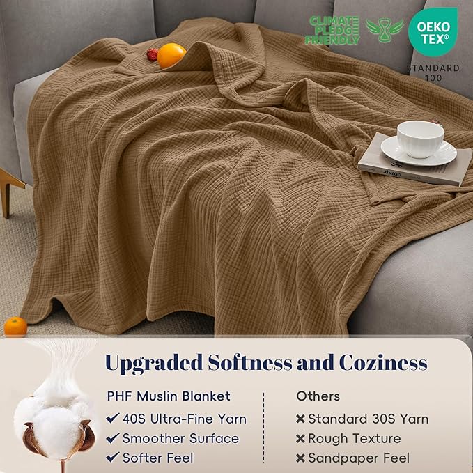 PHF 100% Cotton Muslin Blanket Twin XL Size 66"x90", 4-Layer Lightweight Gauze Throw, Breathable Cloud-Soft Minimalist Blanket for Bed, Couch, Camping & Baby, Clay, Ideal Gift