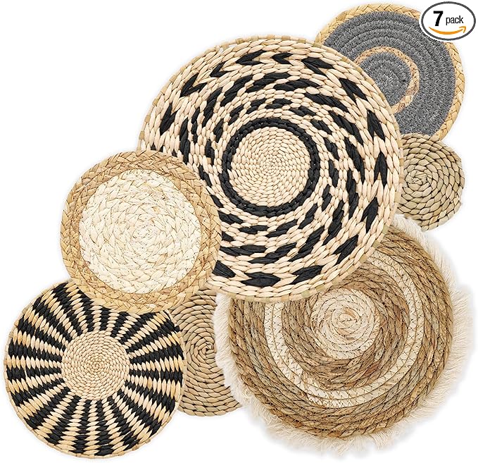 7 PCS Boho Wall Basket Decor, Handwoven Seagrass wall Hanging Baskets – Round Bohemian Wall basket for Farmhouse, Home, Room, Rustic Decor, Table Centerpiece (Black)