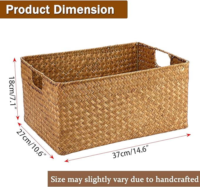 Hipiwe Seagrass Storage Baskets Bin for Shelf Handwoven Wicker Baskets Built-in Handles Rectangular Closet Bedroom Organizer Box Multipurpose Woven Basket Bins,14.6"x 10.6"x 7.1"